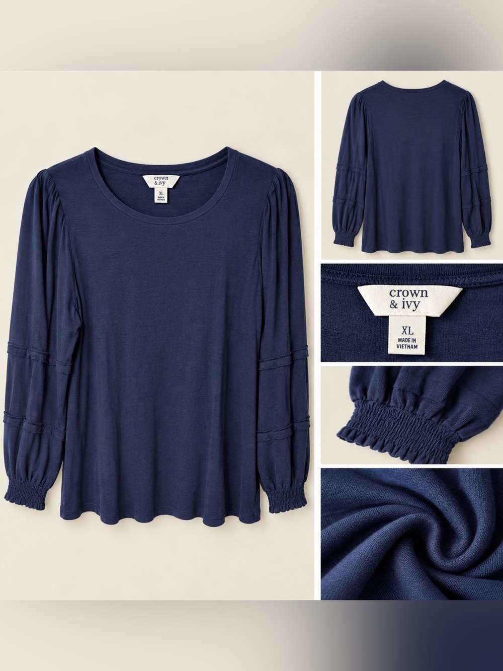 crown & ivy Navy Long-Sleeve Smocked Cuff Top